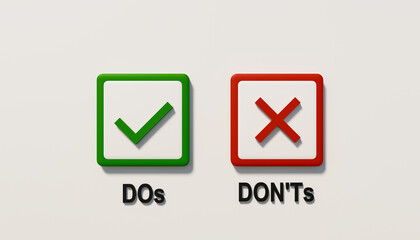 Dos and Don'ts. Button with green and red edges and green check mark and red cross on top. Symbol isolated on white background. Good or wrong behavior, right or not right. 3D illustration