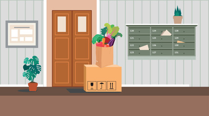 Delivery Service and apartment relocation. Vector residential Corridor with doors. Interior of the 1st floor Hallway. 
Vector illustration of cartoon room or hallway for background, print, web.
