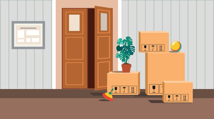 Delivery Service and apartment relocation. Vector residential Corridor with doors. Interior of the 1st floor Hallway. 
Vector illustration of cartoon room or hallway for background, print, web.
