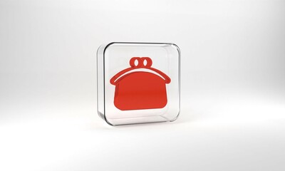 Red Wallet icon isolated on grey background. Purse icon. Cash savings symbol. Glass square button. 3d illustration 3D render