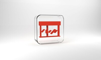 Red Shopping building or market store icon isolated on grey background. Shop construction. Glass square button. 3d illustration 3D render