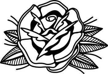 Illustration of rose in tattoo style. Design element for logo, label ,sign, poster. Vector illustration