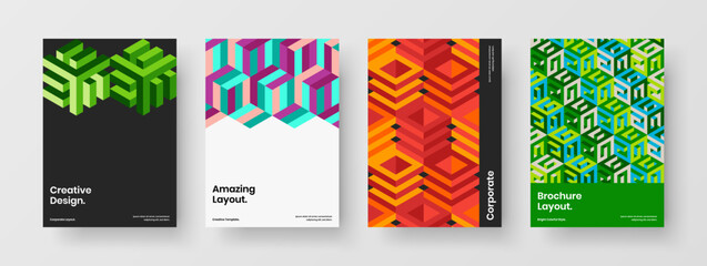 Trendy annual report A4 vector design template set. Multicolored mosaic hexagons postcard illustration composition.