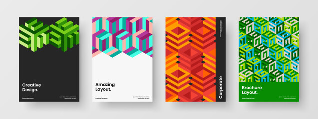 Fototapeta premium Trendy annual report A4 vector design template set. Multicolored mosaic hexagons postcard illustration composition.