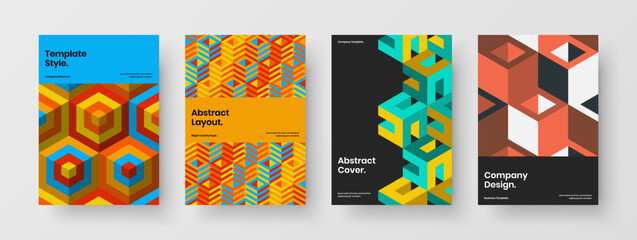 Creative geometric tiles book cover template collection. Vivid leaflet A4 vector design illustration set.