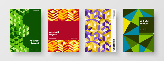 Premium corporate identity design vector layout composition. Vivid geometric hexagons leaflet concept bundle.