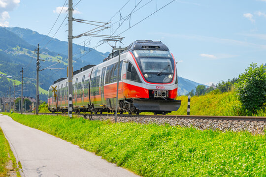 Modern electrified train near Schladming