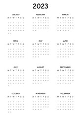 2023 Calendar year. Calendar for 2023 on white background for organization and business. The week starts on Monday. Annual calendar 2023 template. Calendar design in black and white colors. 