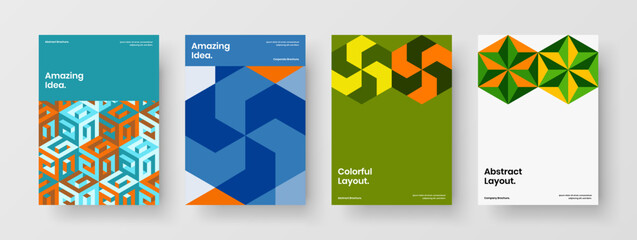 Fototapeta na wymiar Unique geometric hexagons journal cover concept collection. Amazing presentation A4 vector design template composition.