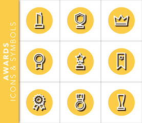 Fototapeta premium Icons and symbols set related to awards and trophies with shadow on gold background. Vector isolated graphic.