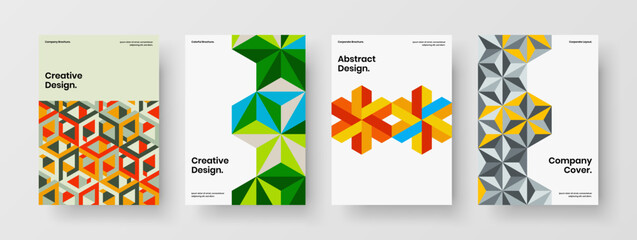 Fototapeta premium Bright geometric pattern annual report illustration bundle. Creative book cover A4 design vector layout set.