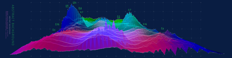 Abstract  background with noise grid and data on dark blue. Technology 3d concept. Big data.  Banner for business, science and technology data analytics representation.
