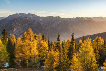 Sunset view at the alps mountain in autumn - obrazy, fototapety, plakaty