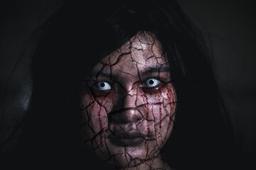 Bloody halloween makeup. Asian woman with blood eye she death and scary with blood tear on broken face, Close up horror bloodthirsty ghost female fade drop out from eyes, Happy halloween day concept