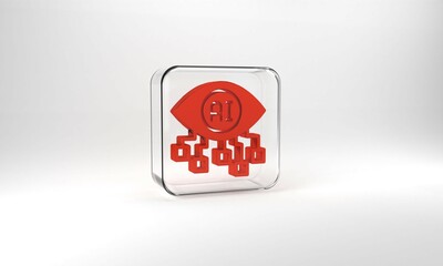 Red Computer vision icon isolated on grey background. Technical vision, eye circuit, video surveillance system, augmented reality systems. Glass square button. 3d illustration 3D render