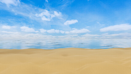 Fototapeta na wymiar Sand at the sea beach. bright blue sky and the sea has little waves. seaside scenery in the daytime. 3d rendering