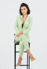 Portrait isolated cutout full body studio shot Asian sexy curly hair fashion businesswoman in green...