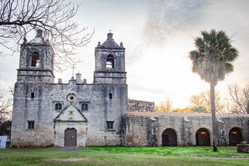 Old historic Spanish Mission Concepcion in San Antonio Texas during sunrise