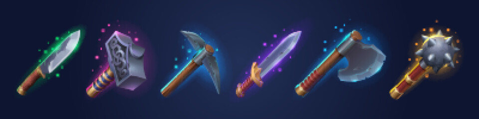 Viking weapons set for computer game isolated on background. Vector illustration of old fantasy axe, knife, sword, mace, hammers made of iron and wood. Bundle of ancient warrior arms, gui props © klyaksun