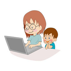 parent anmother selling online on computer There was a son sitting next to him. Work form home Concept.d child