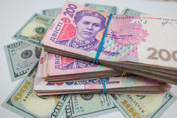 dollars and hryvnia banknotes.