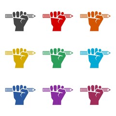 Hand holding a pen. Logo and icon design. Set icons colorful