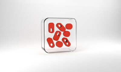 Red Medical pill bottle biohacking icon isolated on grey background. Pharmacy biohacking. Glass square button. 3d illustration 3D render