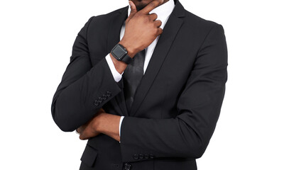 serious African american businessman touching chin wearing black suit isolated on white background