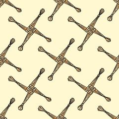 Brigid's Cross made of straw hand-drawn seamless pattern. Wiccan pagan symbol print background. Stock texture tile