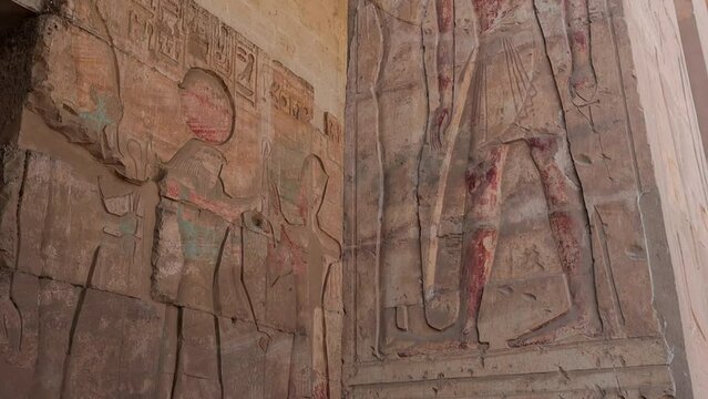 Columns With Drawings In The Ancient Temple Of Abydos, Egypt