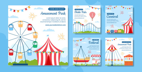 Amusement Park Carnival Social Media Post Template Hand Drawn Cartoon Flat Illustration