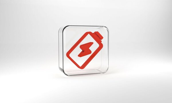 Red Battery charge level indicator icon isolated on grey background. Glass square button. 3d illustration 3D render