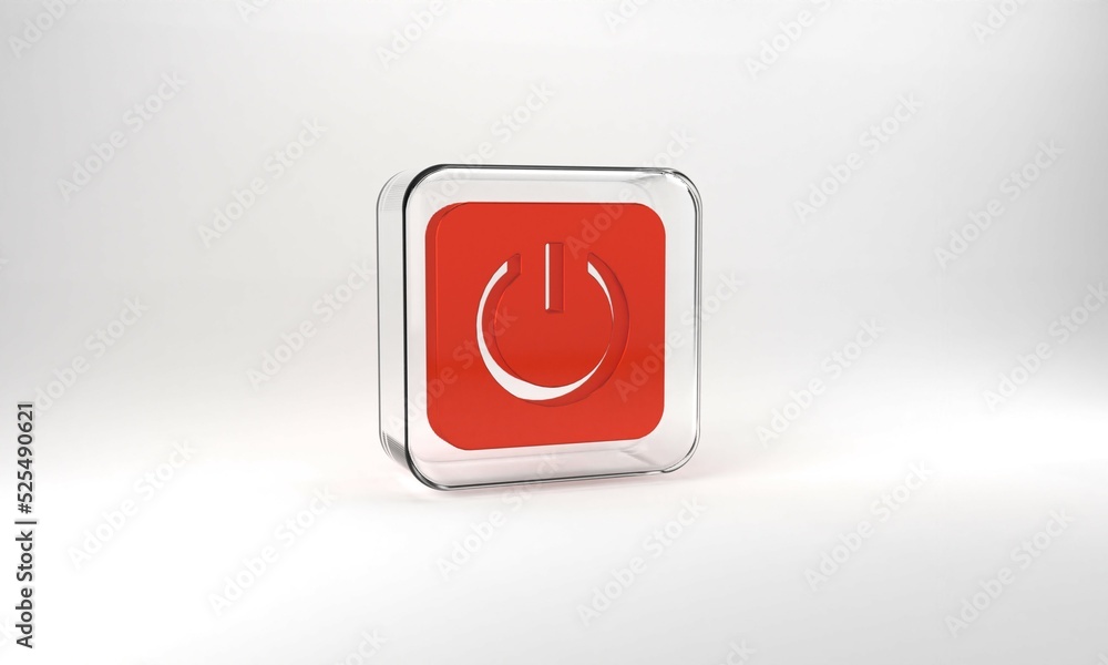 Poster red power button icon isolated on grey background. start sign. glass square button. 3d illustration 