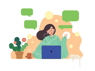 Flat graphic vector  of woman stay home having a conference with someone through laptop. Concept of work from home, quarantine, home working, home office. Quarantine during virus epidemic.