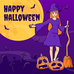 Welcome banner halloween, cute witch cartoon illustration