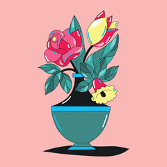 Vector illustration of a bouquet of flowers in a vase. Color trend. Creative bouquet of flowers. Tulip buds, a rose in a vase in a jug of water. flowers, plants for decoration, flowering herbs