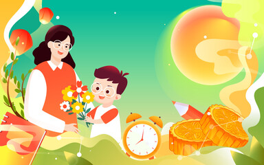 Celebrating teacher's day and mid-autumn festival, students thank teacher with moon and books in background, vector illustration