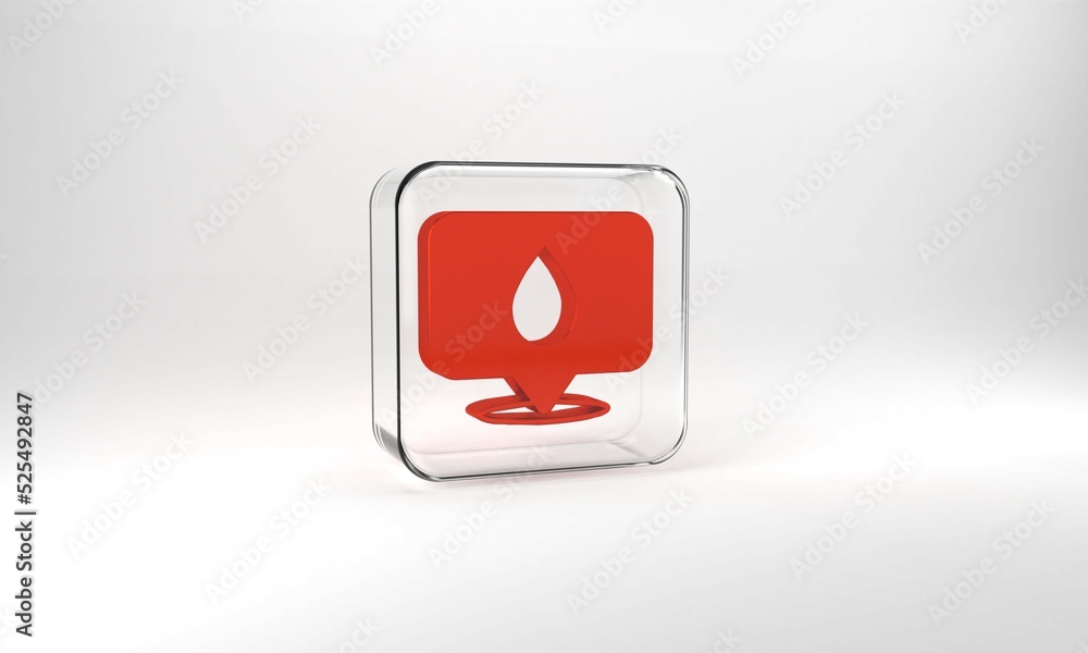 Poster red water drop with location icon isolated on grey background. glass square button. 3d illustration 