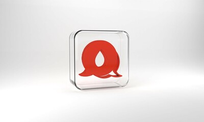 Red Water drop with speech bubbles icon isolated on grey background. Glass square button. 3d illustration 3D render