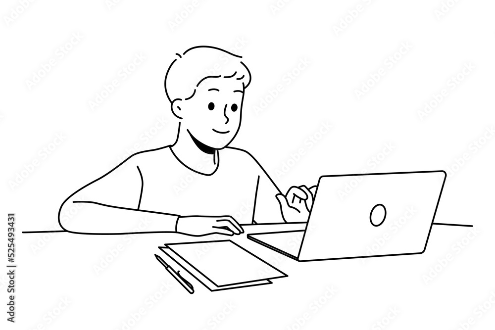 Poster happy boy child sit at desk studying online on computer. smiling kid use laptop having remote class 