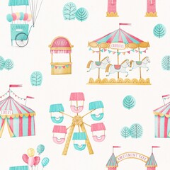 Seamless pattern amusement park. Carousel with horses, ferris wheel, circus tent, ticket booth. Cute cartoon style. White background. Stock illustration. © marina draws