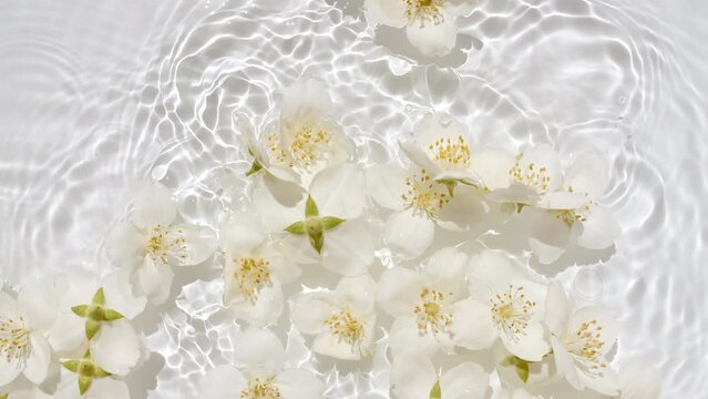 White Jasmine, flowers on water surface and falling water drops, waves on White background. Water splash. Pure water with reflections sunlight and shadows. Valentines day texture. High quality 4k 