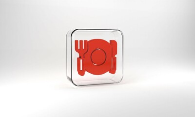 Red Plate, fork and knife icon isolated on grey background. Cutlery symbol. Restaurant sign. Glass square button. 3d illustration 3D render