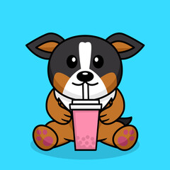 Vector illustration of cute dog premium drinking boba