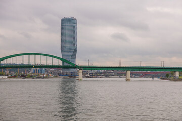 Branko's bridge and Buildings under construction on Belgrade Waterfront, new chapter in city of Belgrade, known as Belgrade on Water, an urban renewal development project. 