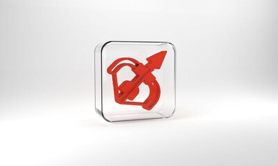 Red Medieval bow and arrow icon isolated on grey background. Medieval weapon. Glass square button. 3d illustration 3D render