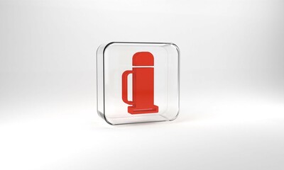 Red Thermos container icon isolated on grey background. Thermo flask icon. Camping and hiking equipment. Glass square button. 3d illustration 3D render