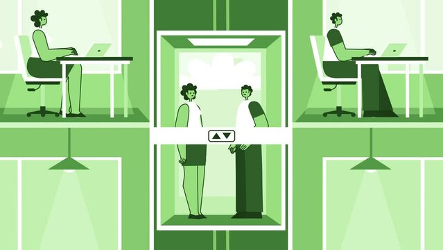 Green Style Man and Woman Flat Characters Business Discussing in Elevator. Cartoon Loop Animation