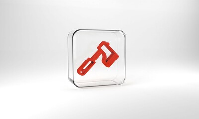 Red Wooden axe icon isolated on grey background. Lumberjack axe. Glass square button. 3d illustration 3D render