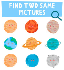 Education game for children find two same pictures cute cartoon solar system planet